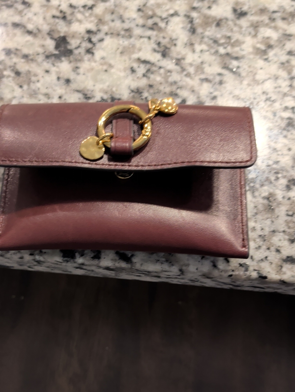Madewell Burgundy Leather Wallet with Gold Ring Charm